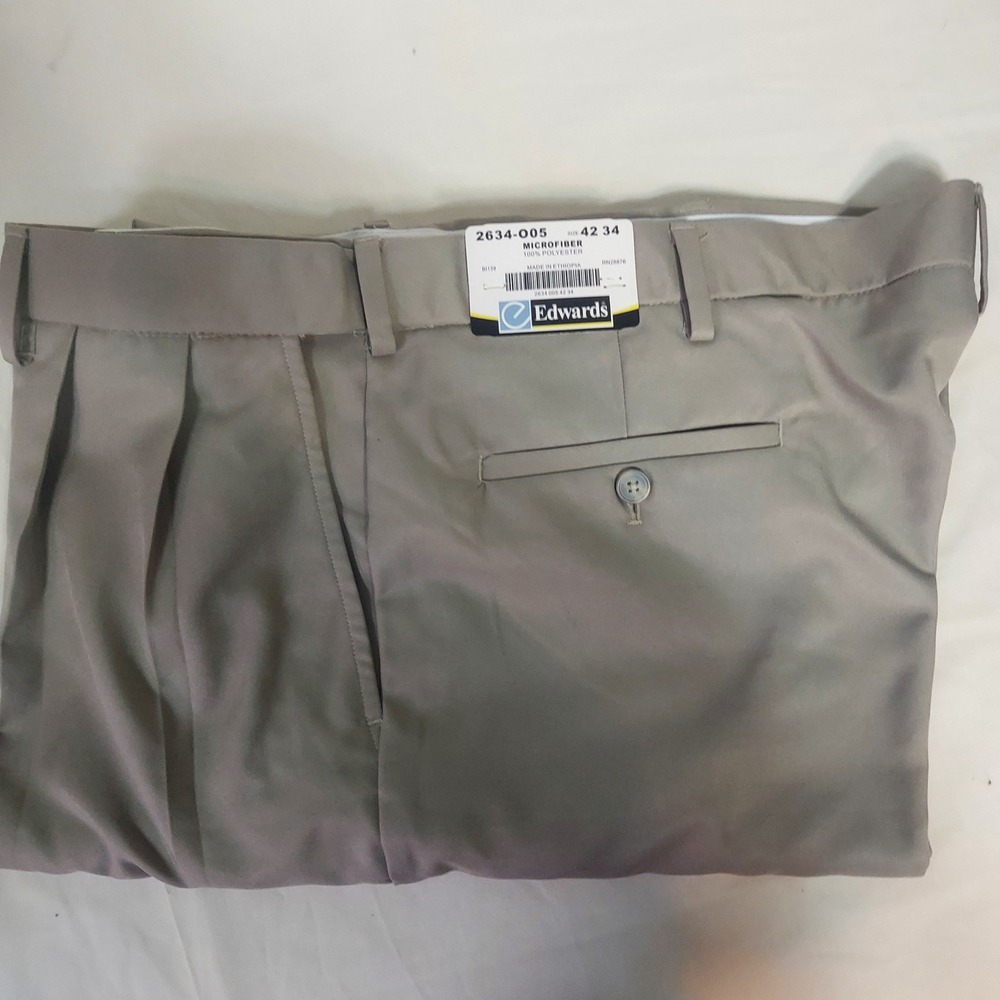 Edwards Mens Microfiber Dress Pants Beige Pleated Front 42x34‎ New